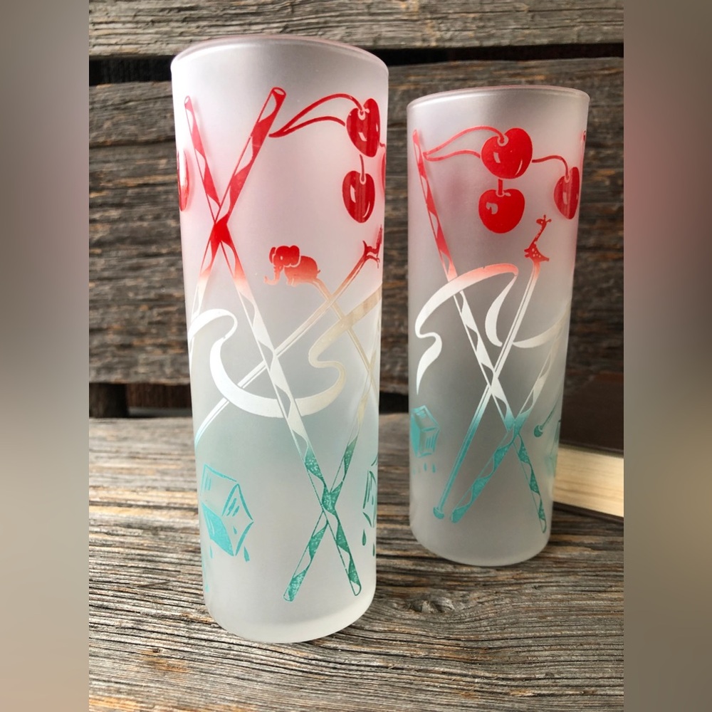 Vintage 3 glasses Frosted Tom Collins cherries animals swizzle sticks MCM 1960s - Picture 4 of 11